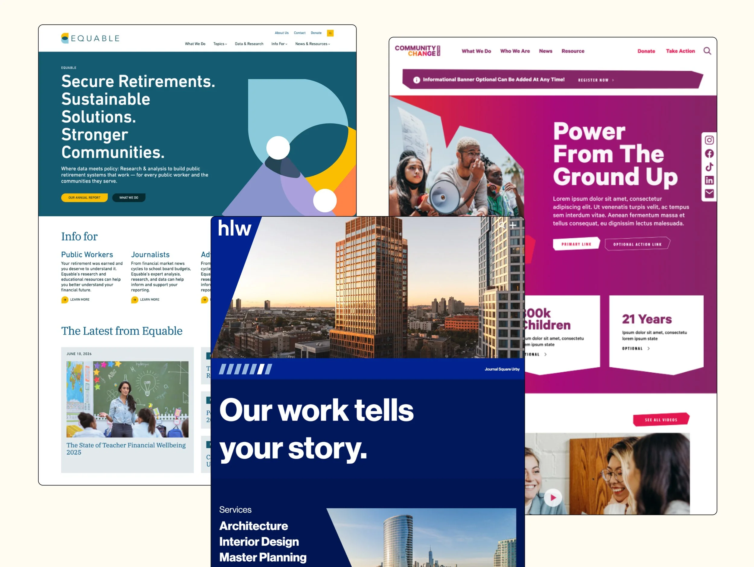 a composition of homepage designs from Equable, HLW and Community Change Action