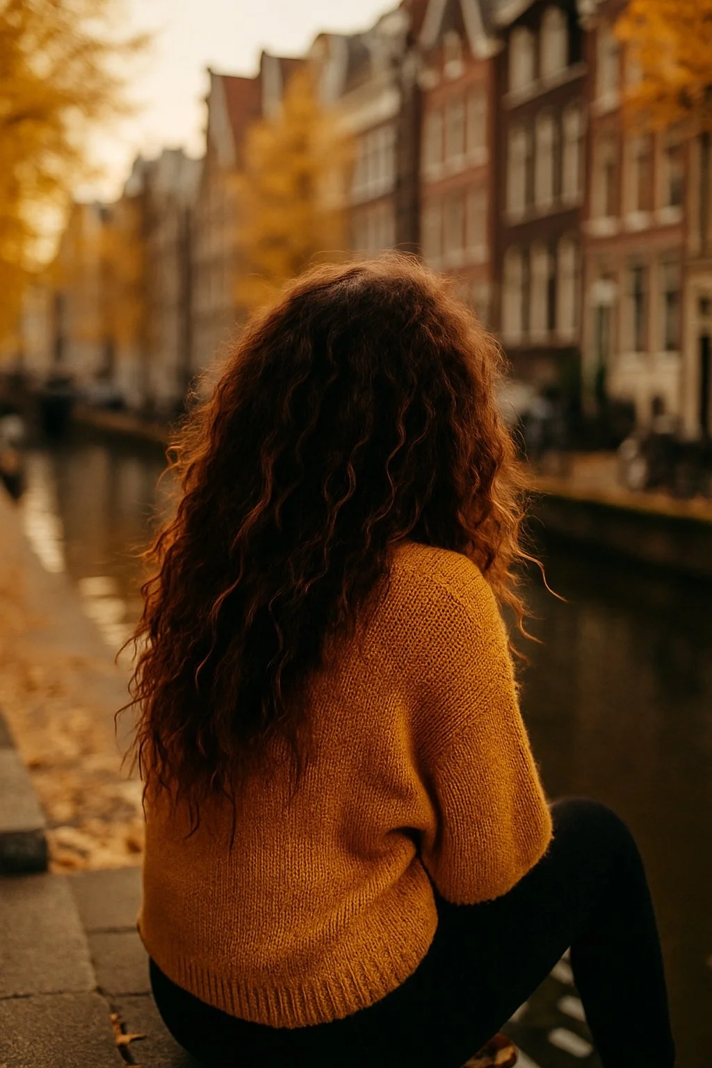 A woman with curly brown hair wearing a mustard yellow sweater sitting by a canal with trees and historic buildings in the background during autumn.