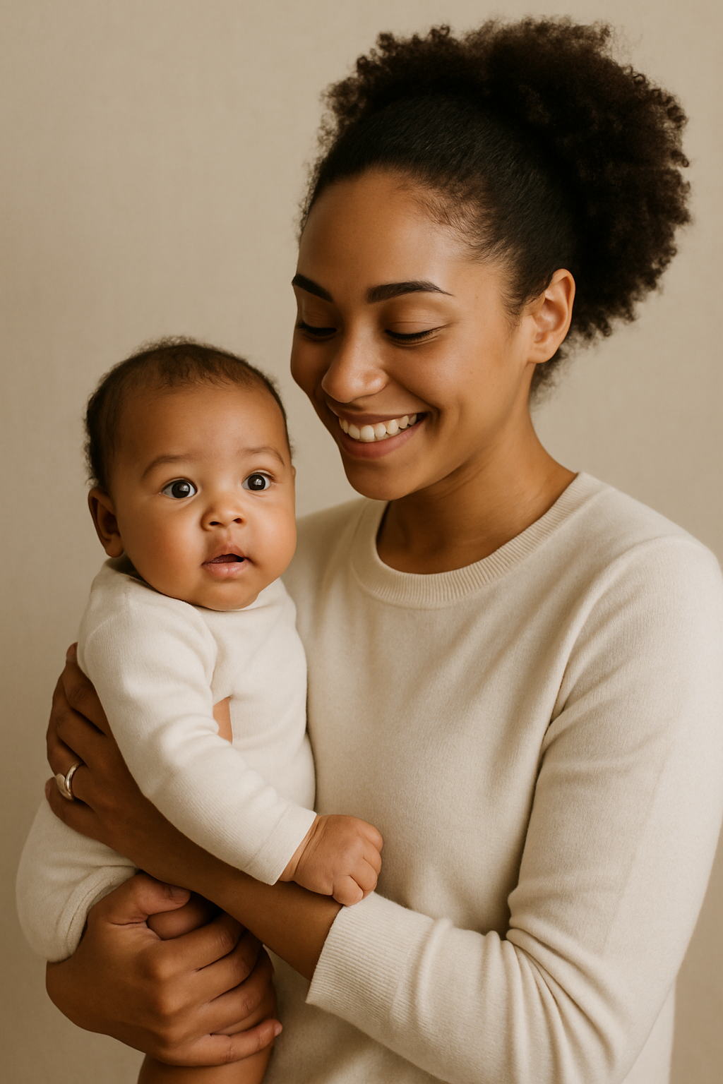A smiling woman holding a curious baby, both dressed in cream-colored clothing, against a neutral background.