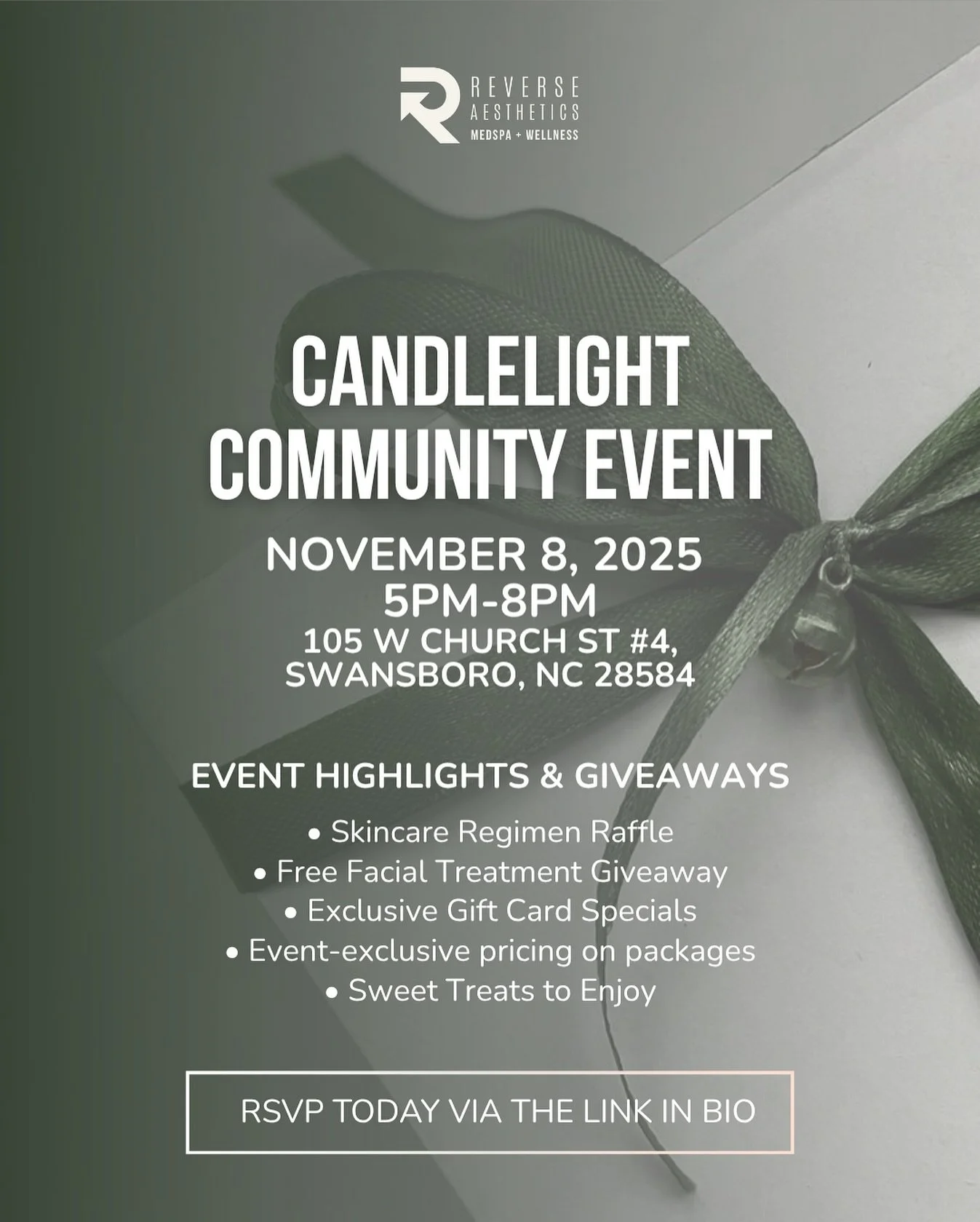 ✨ Join us for Swansboro by Candlelight &mdash; a magical evening of holiday cheer, community, and glowing skin ✨

While downtown Swansboro lights up for the holidays, stop by Reverse Aesthetics Medspa + Wellness for our Candlelight Community Event 🎁