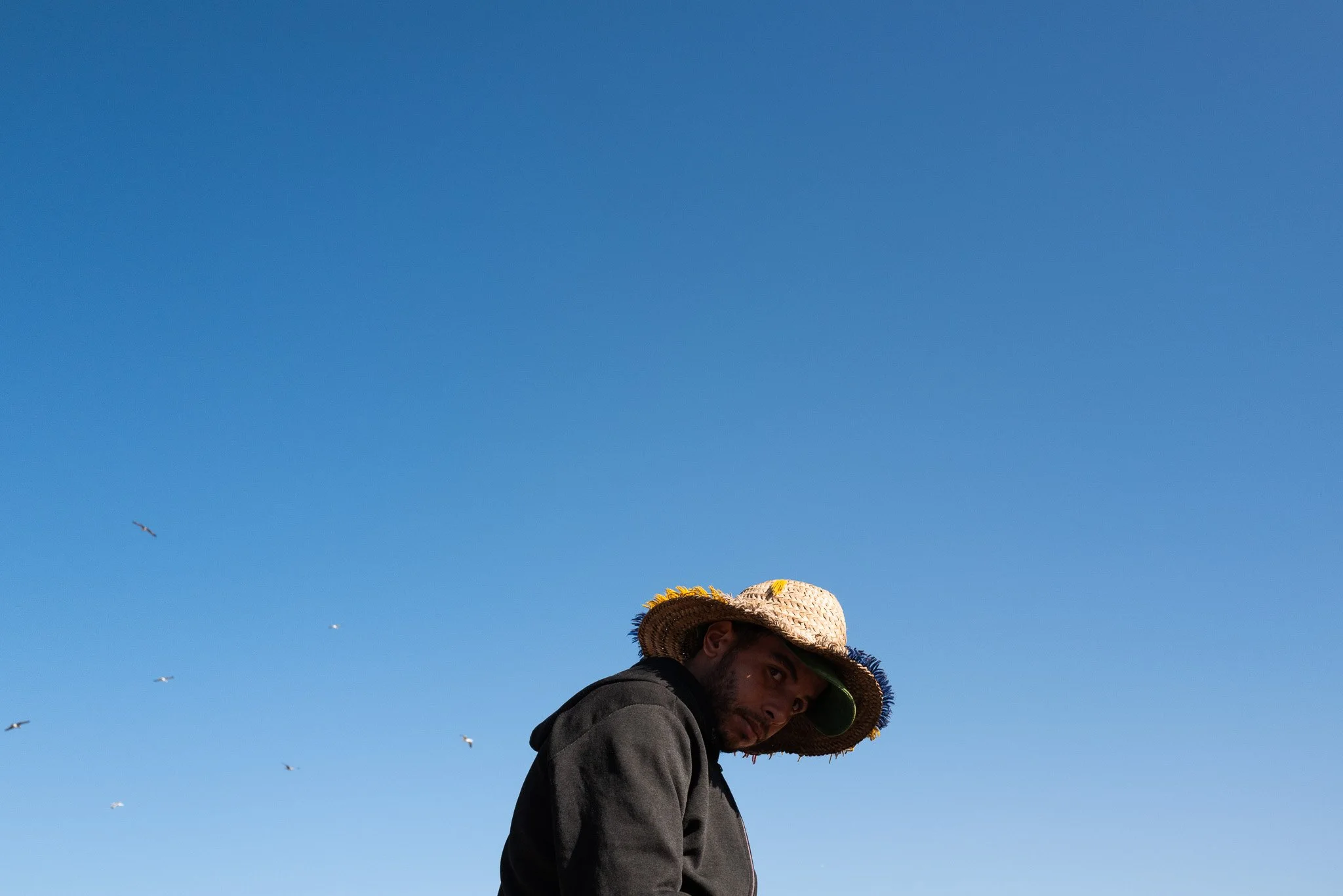 Ein Mann trägt einen Strohhut mit roter Kante und schwarzen Hoodie, steht vor klarem blauen Himmel, mit fliegenden Vögeln im Hintergrund.