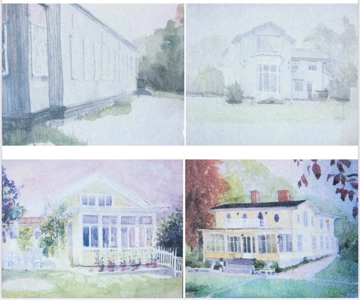 Four watercolor paintings of different houses and buildings.