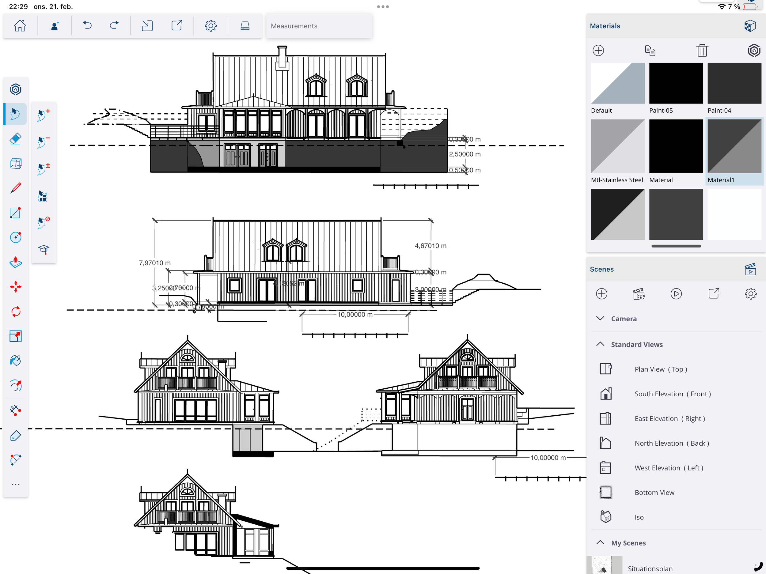 Architectural blueprint of a house showing top, front, side, and back elevations with measurements.