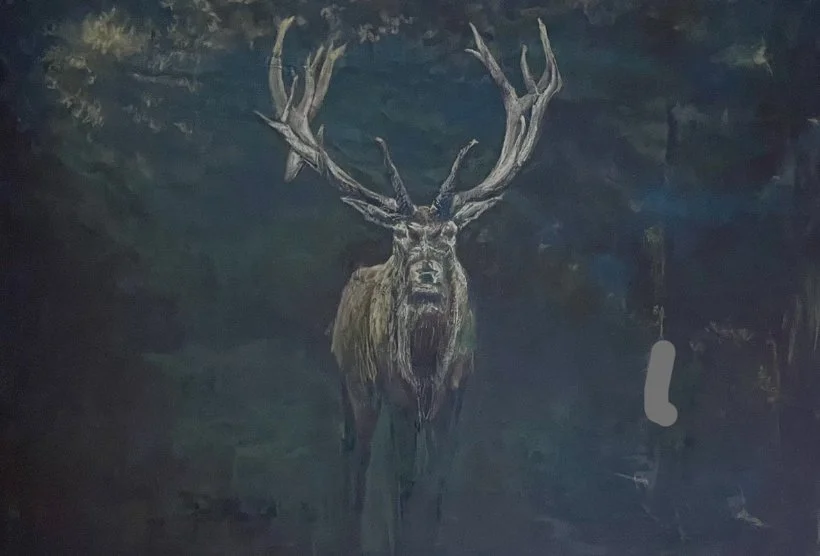 A painting of a moose with large antlers standing in a dark forest.