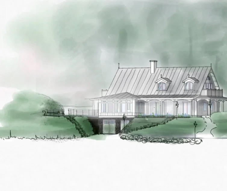 A watercolor sketch of a house with a gabled roof, chimney, and a large porch, surrounded by landscaped yard with trees and lamp posts.