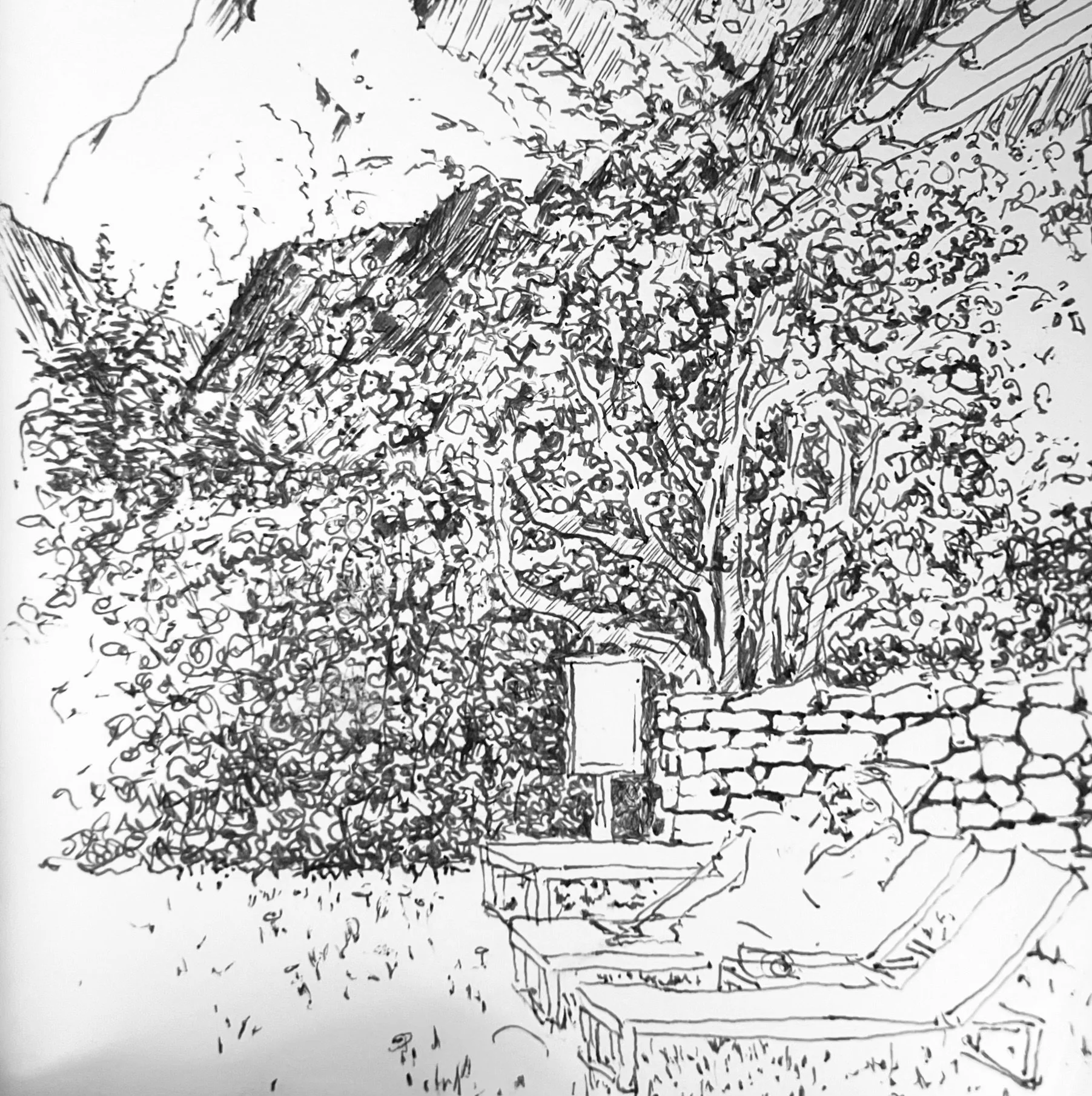 Sketch of a scenic outdoor space with trees, a stone wall, and a fountain.