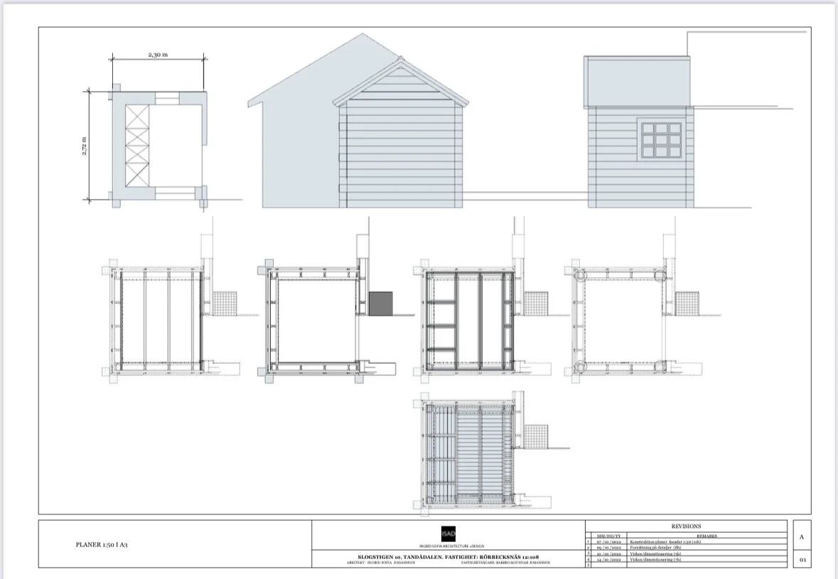 Architectural drawing of a small wooden house, including side elevation, front and rear views, and wall sections.
