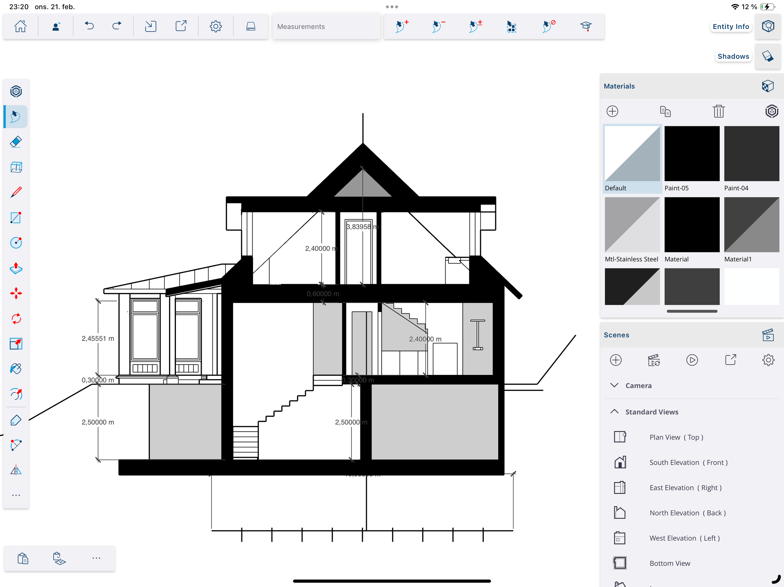 Architectural section drawing of a multi-story house showing interior layout, rooms, stairs, and exterior walls in black and white.