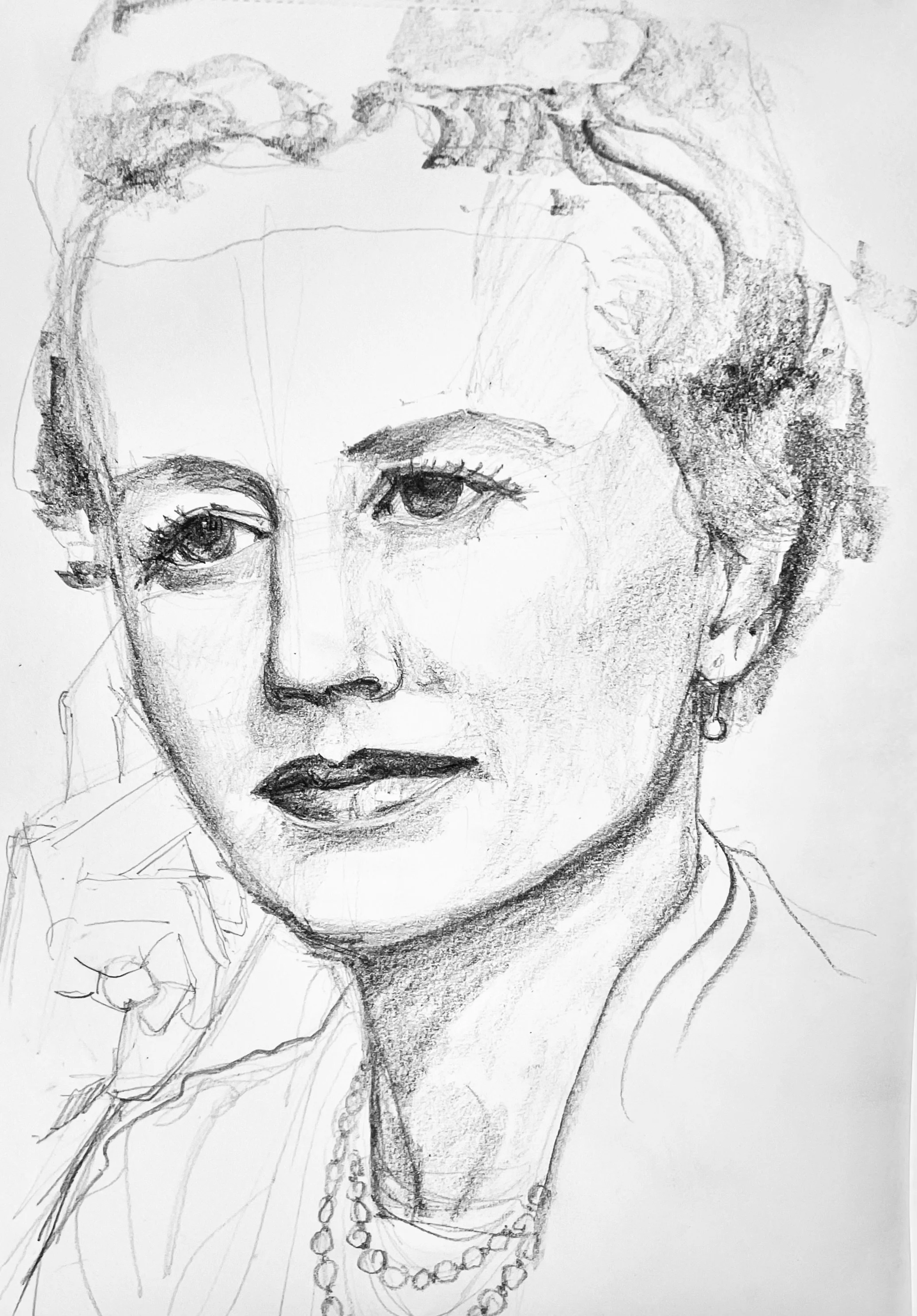 A pencil sketch of a woman with short, curly hair. She has earrings, a necklace, and is looking slightly to the right of the viewer.