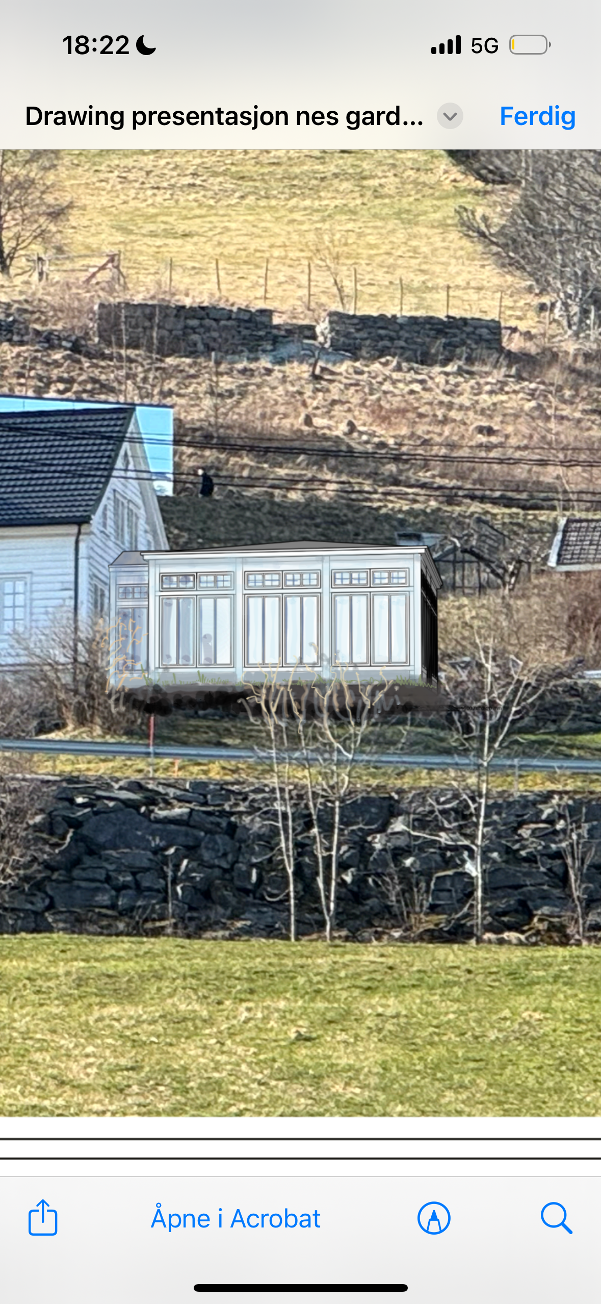 A digitally drawn extension of a house with large windows, placed near a rocky hillside with a few small trees and a grassy foreground.