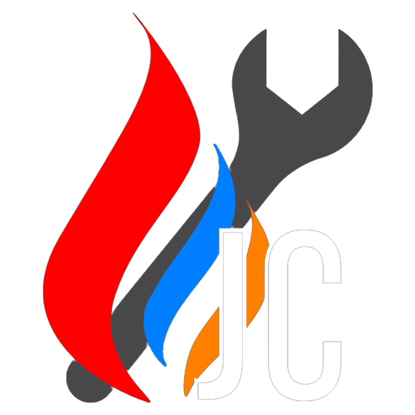 A stylized logo with a black background featuring a flame with red, gray, blue, and orange segments, beside gray and white text.