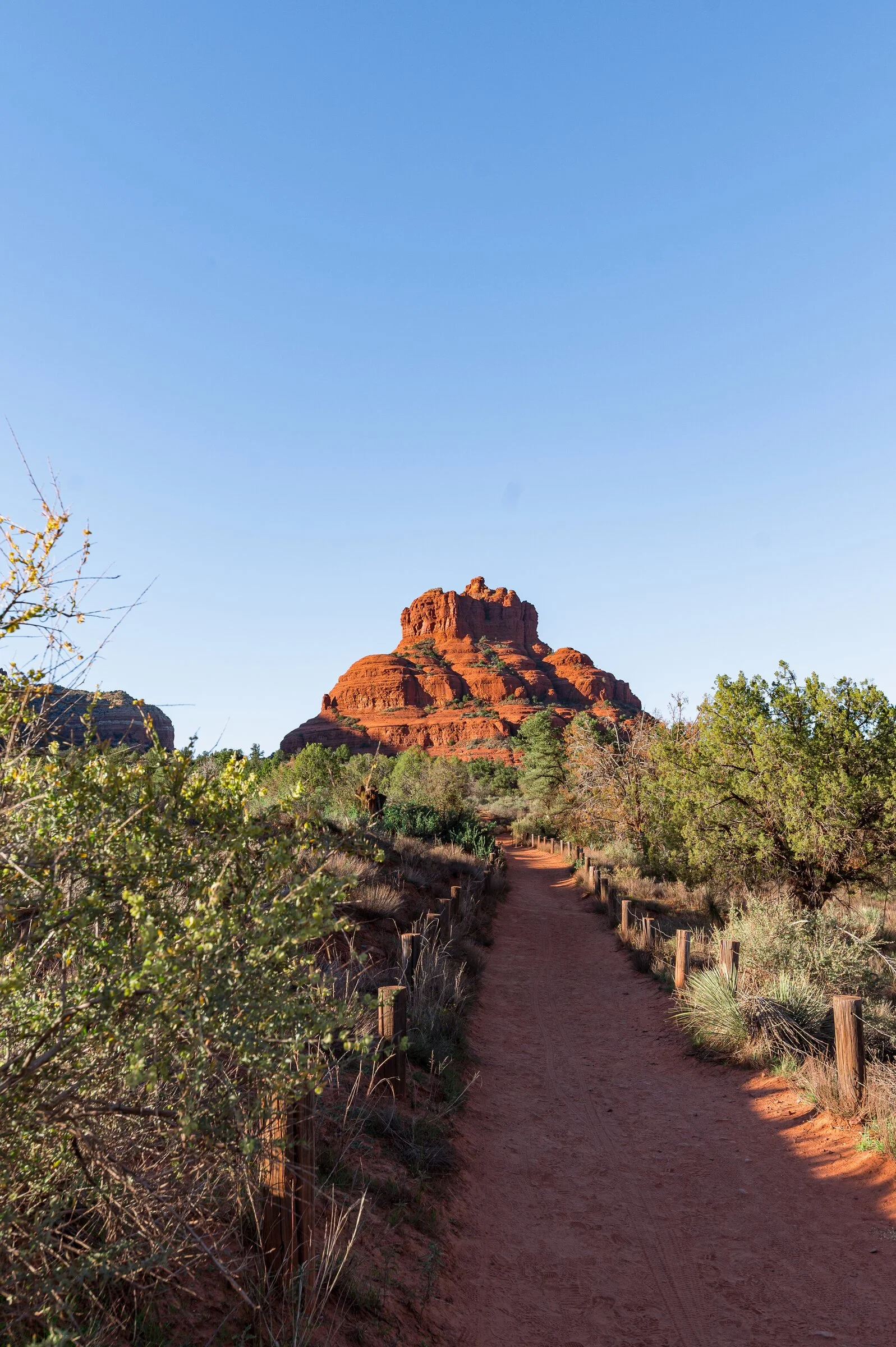 A dirt hiking trail leads towards a large, reddish-brown rock formation called Cathedral Rock in Arizona, with desert vegetation and a clear blue sky in the background.