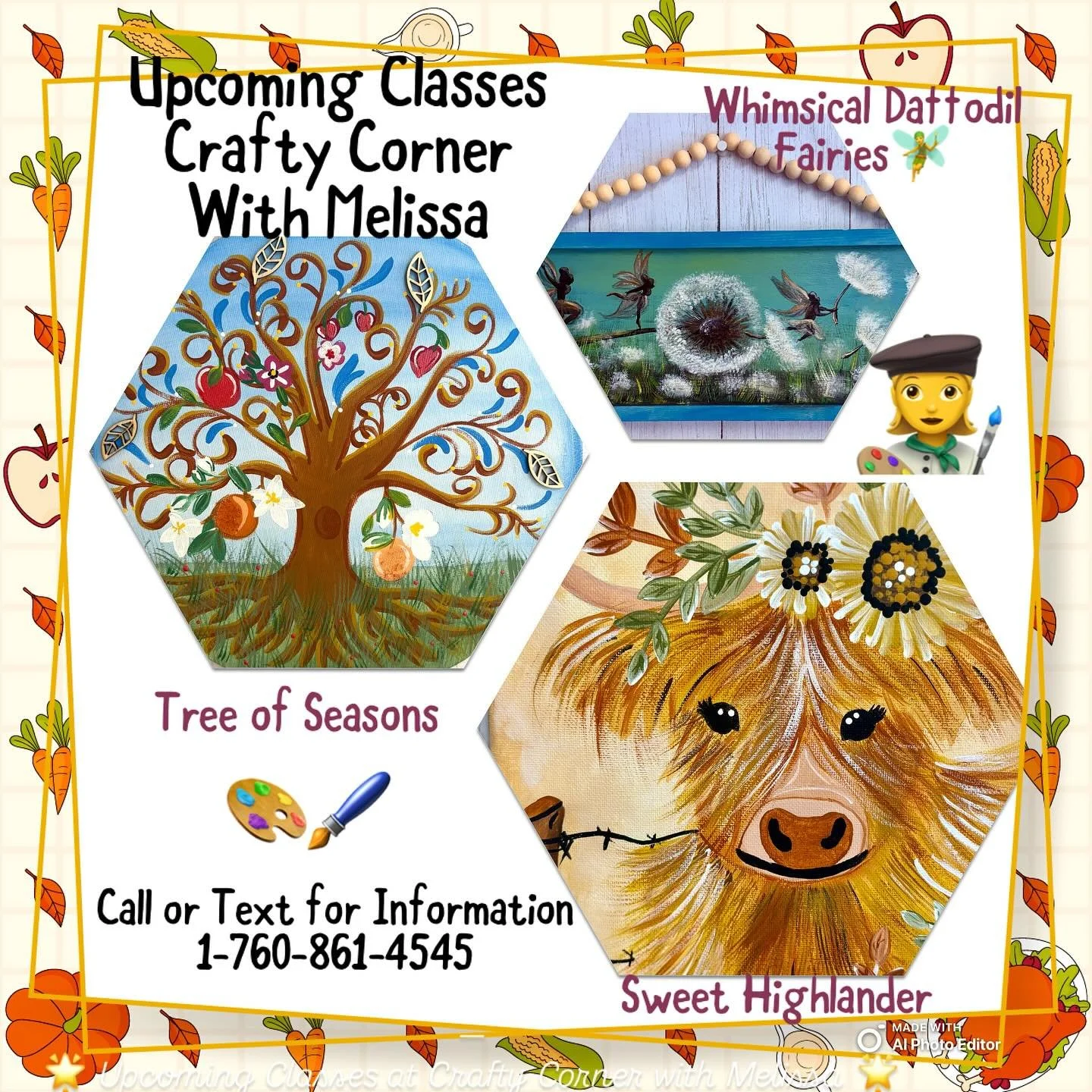 &mdash;
🌟 Upcoming Classes at Crafty Corner with Melissa 🌟

Pick your favorite project and come paint with me:
&bull; 🍎🌳 Whimsical Family Tree (wood round)
&bull; 🐮🌼 Floral Highland Cow
&bull; 🌬️🧚 Dandelion Wishes &amp; Fairies (beaded sign)
