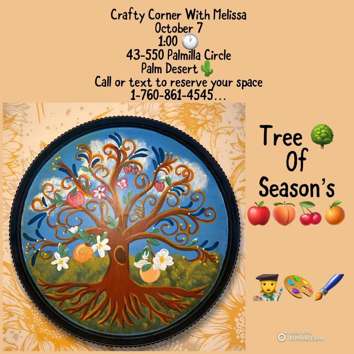 🌳✨ Tree of Seasons Paint Party! ✨🌳

Join me at Crafty Corner with Melissa for a fun and relaxing afternoon of creativity. We&rsquo;ll be painting this beautiful &ldquo;Tree of Seasons&rdquo; together &mdash; no experience needed, just bring your cr