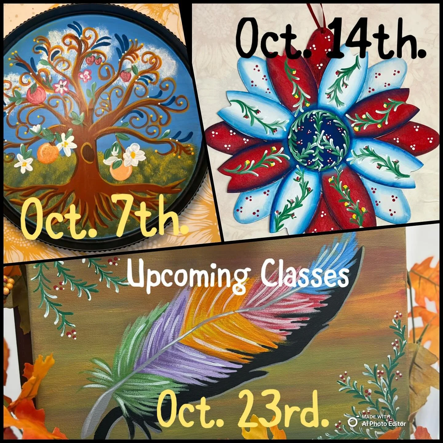 🎨✨ October Painting Classes!
Join me for fun &amp; creativity at Crafty Corner with Melissa:

🍊🌳 Oct. 7 &ndash; Tree of Seasons
🌸❤️ Oct. 14 &ndash; Remembrance Flower
🍂🪶 Oct. 23 &ndash; Colorful Feather

📍 Palm Desert
💲 $40 per class
📲 Call 