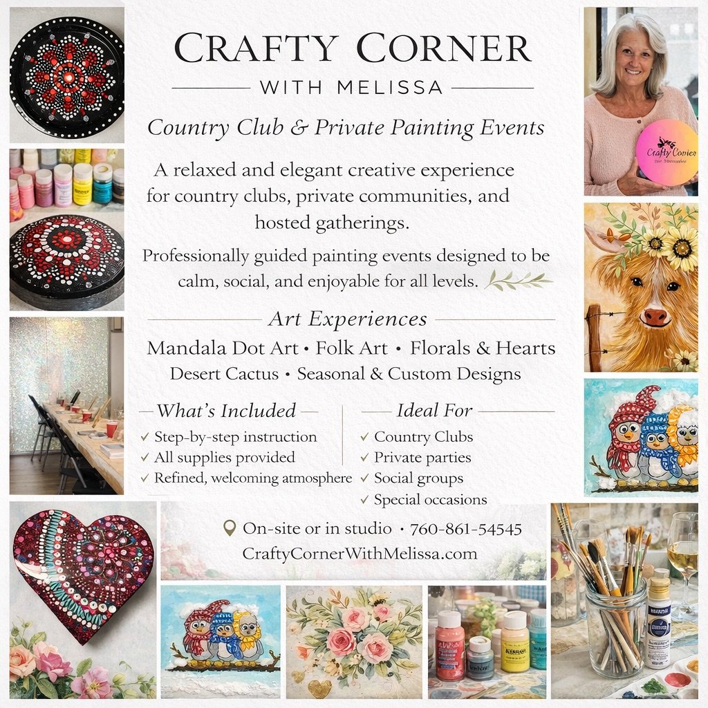 ✨ Looking for a relaxing and elegant creative experience for your next gathering?

Crafty Corner with Melissa offers professionally guided painting events designed for country clubs, private communities, and special occasions. From mandala dot art to