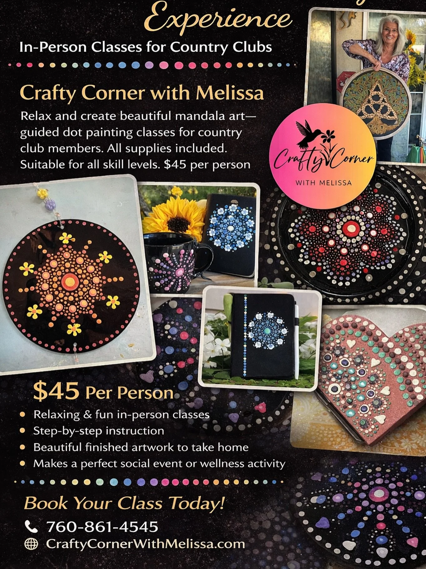 Mandala dot painting is more than art&mdash;it&rsquo;s a relaxing, joyful experience that brings people together one dot at a time.

From country clubs to community spaces, I love creating peaceful, hands-on classes where everyone leaves with a beaut