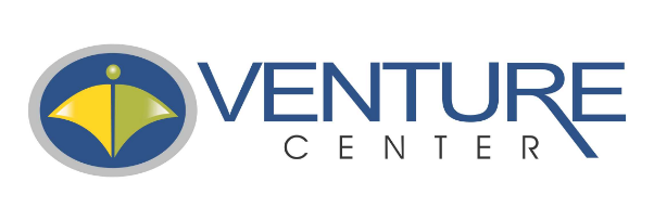 Logo of Venture Center with a blue and yellow umbrella icon and the words 'VENTURE CENTER' in blue text.