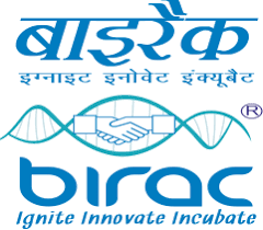 Logo of Birac, featuring a double helix DNA strand, a handshake, and the tagline 'Ignite Innovate Incubate' in blue text.