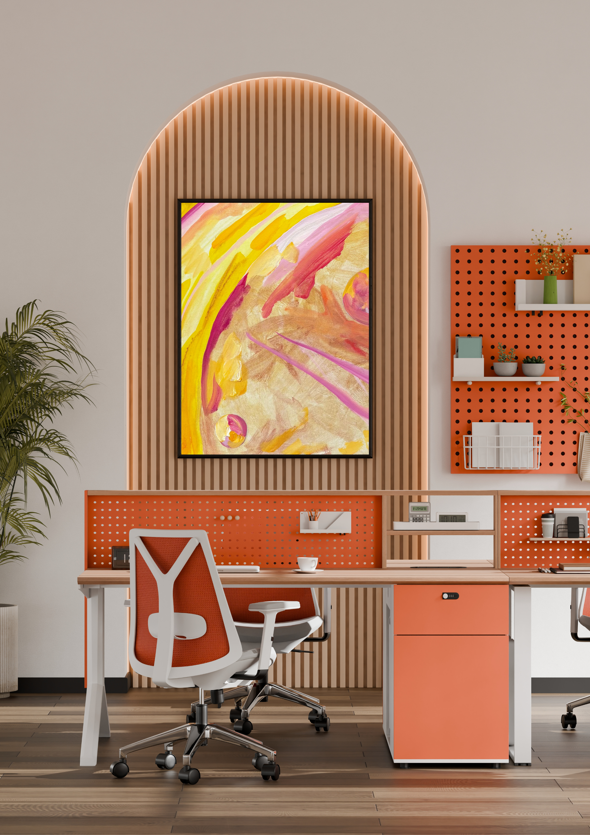 Modern office workspace with a white desk, orange and white cabinet, ergonomic red and white office chair, colorful abstract painting, pegboard with plants and books, and a large plant on the left.