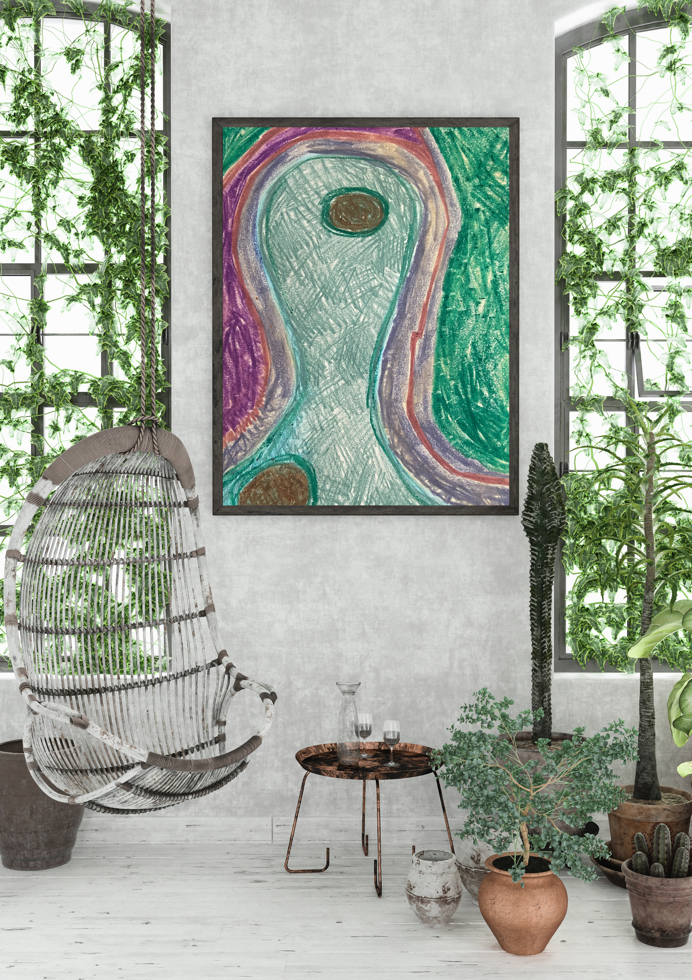 A cozy interior space with large windows and greenery, featuring a framed abstract art piece, a woven hanging chair, a small round table with glassware, and potted plants including cacti and leafy plants.