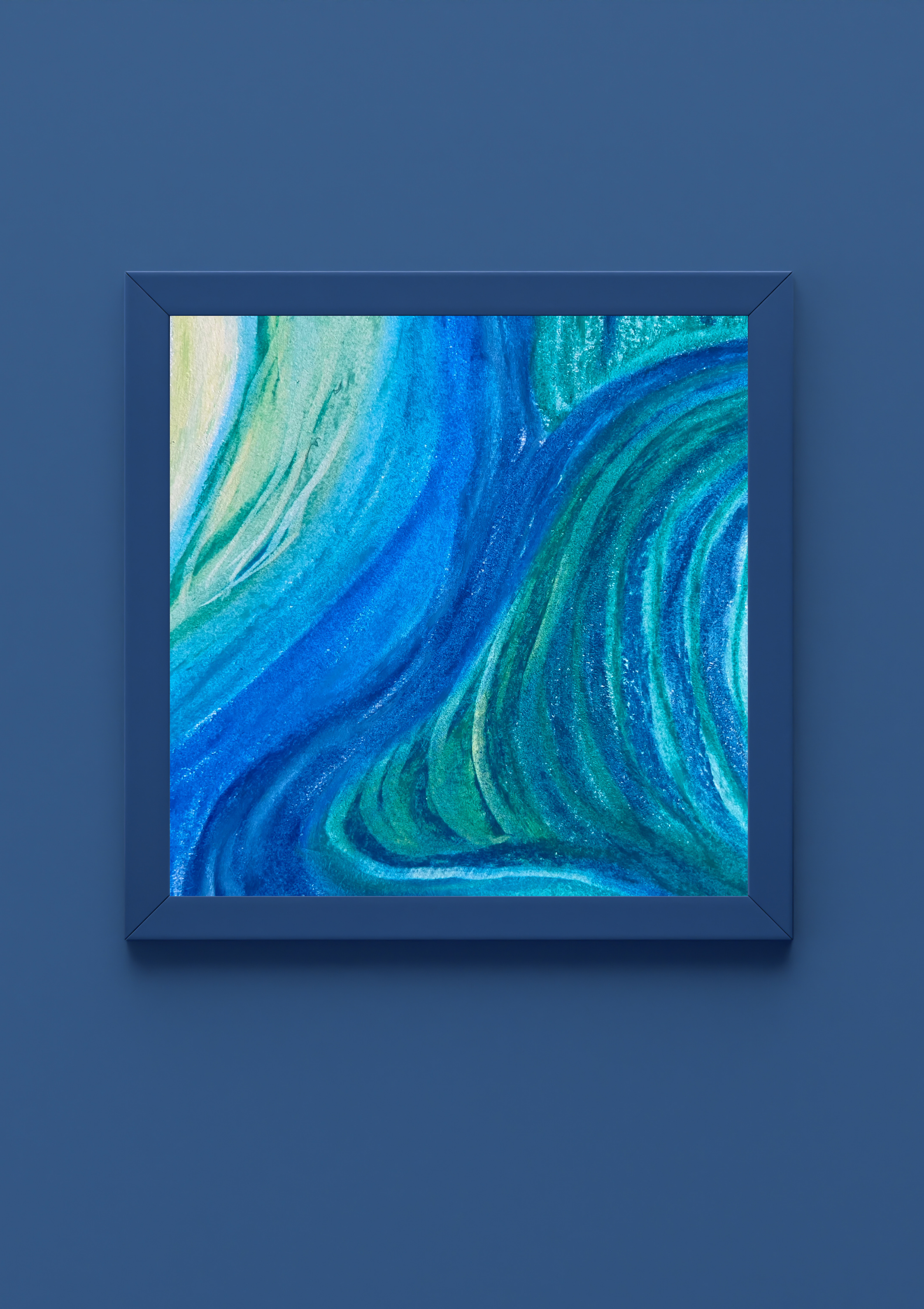 Close-up of an abstract painting with swirling blue, green, and yellow colors in a dark blue frame on a blue wall.