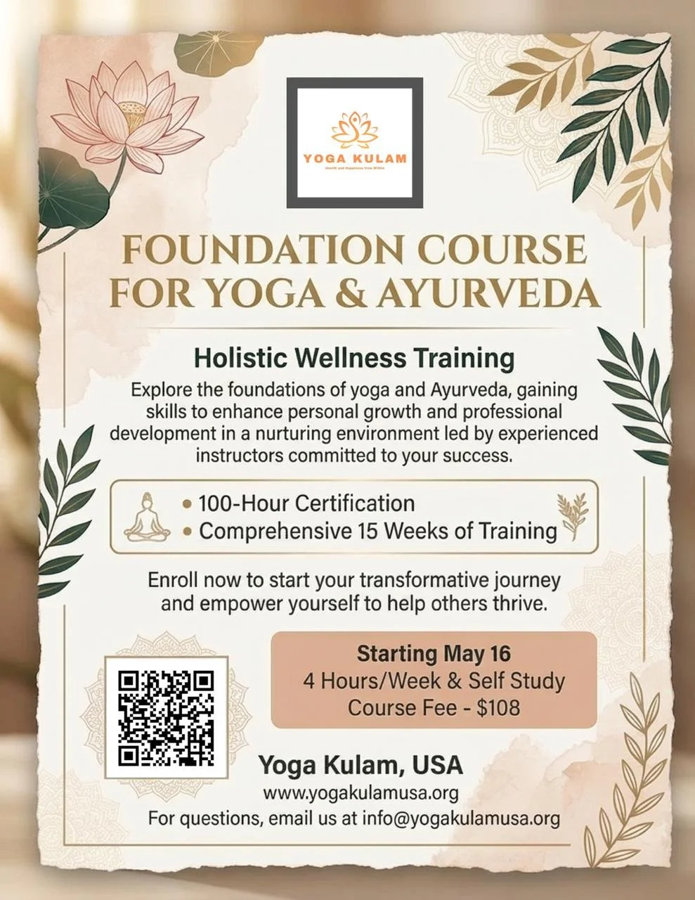 Register for our 100 Hours Course on introduction to Yoga and Ayurveda. Click to see the testimonials from our most recent batch
