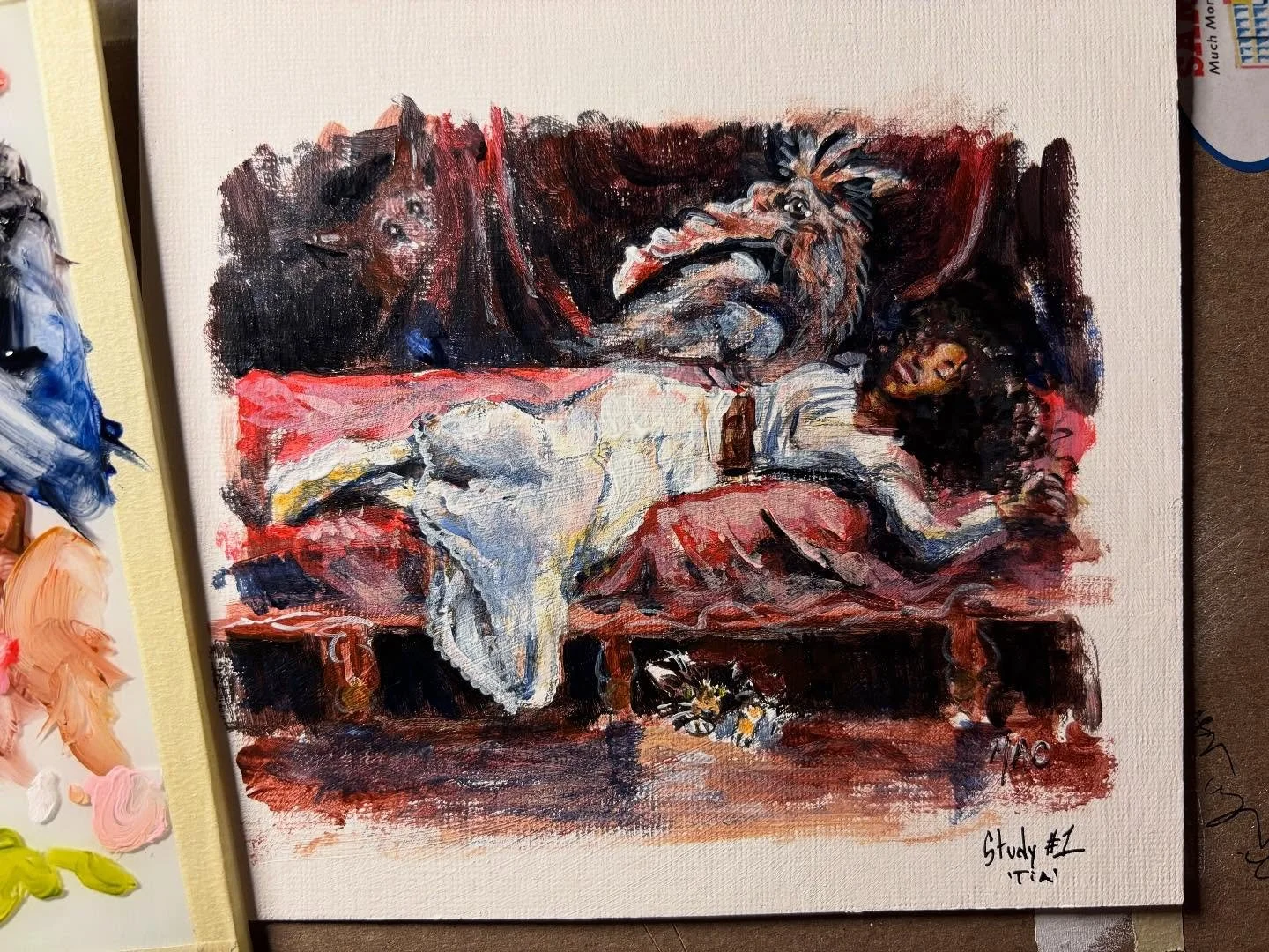 Trying to decide how to layout the next piece for class so Ive been doing little studies. This painting is inspired by The nightmare by Henry fuseli, I really wanna sneak in some symbolic items in the final piece. 
-
- I also used the Golden slow dry