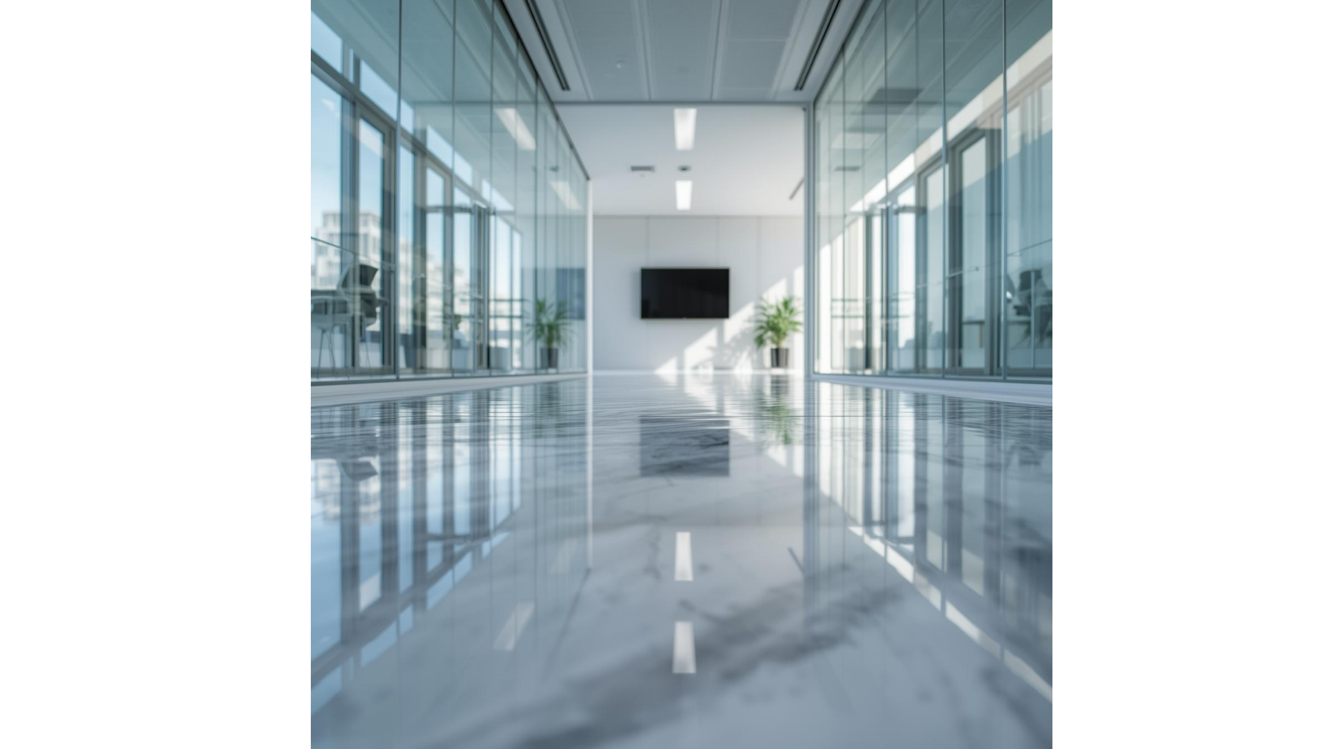 Empty modern office conference room with glass walls, a large TV on the wall, and two potted plants, with sunlight streaming in.