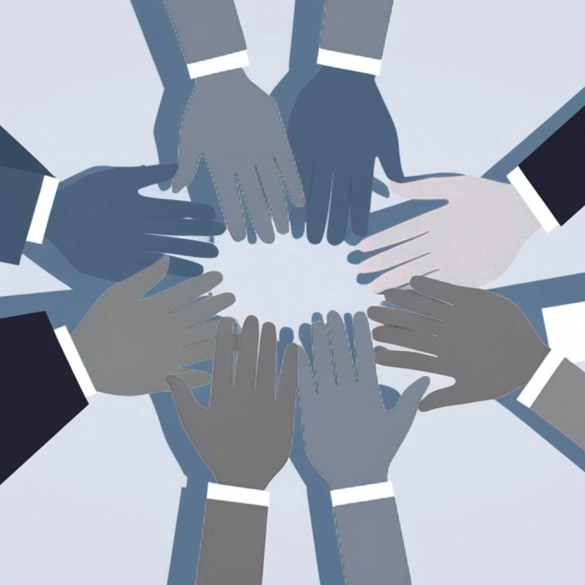 Illustration of multiple hands joined together in a circle, symbolizing teamwork and unity.