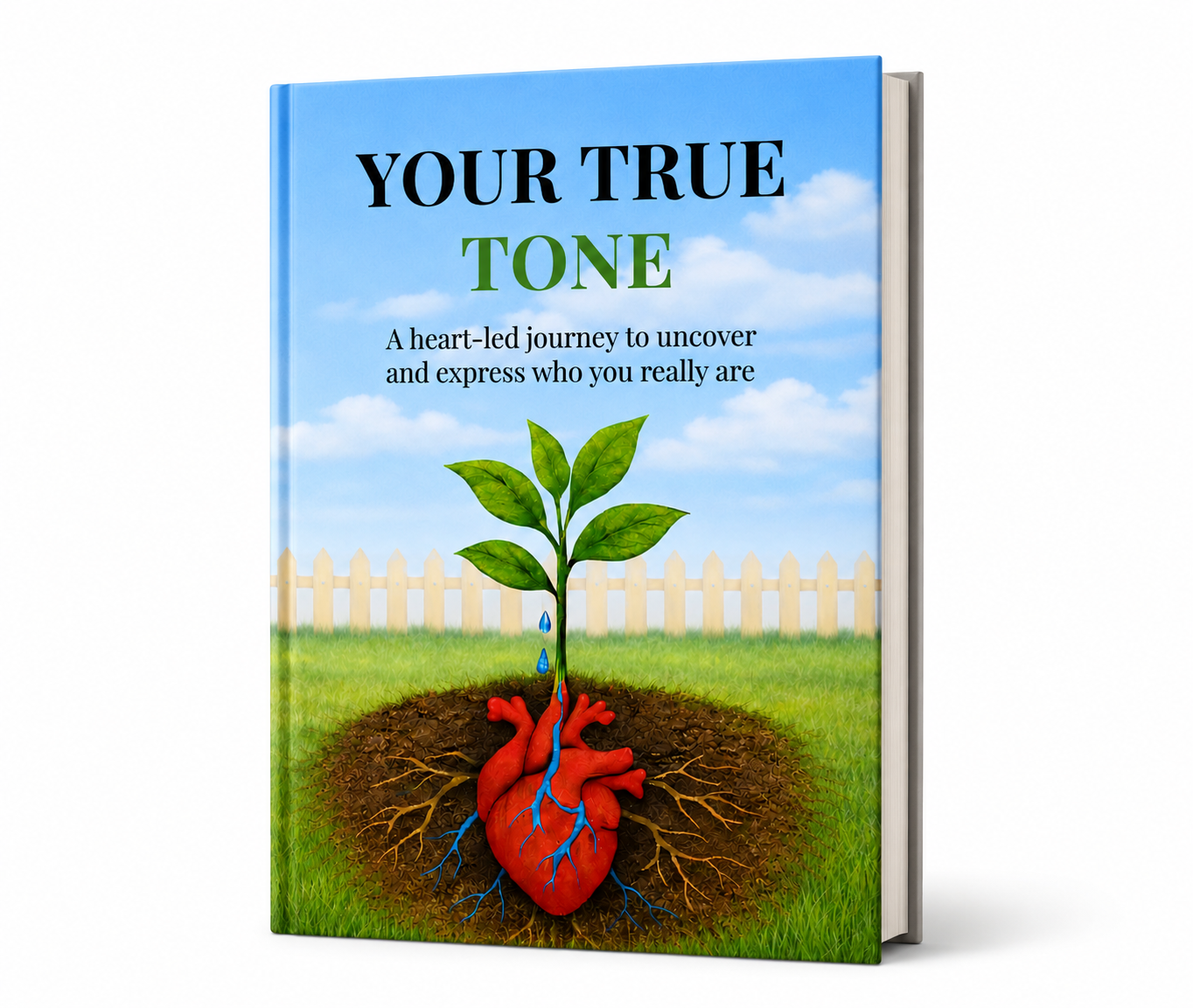 A book cover titled 'Your True Tone' with the subtitle 'A heart-led journey to uncover and express who you really are.' The cover features an illustration of a green plant sprouting from a human heart in the ground, with roots and leaves growing upward, set against a background of a blue sky with clouds, a white picket fence, and green grass.