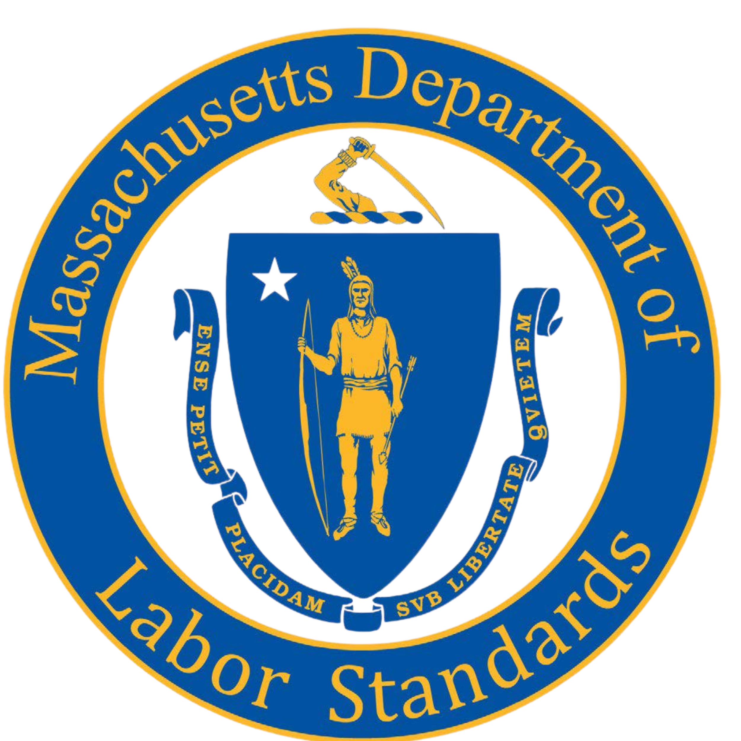 Seal of the Massachusetts Department of Labor Standards featuring a blue shield with a figure of a Native American holding a spear, a star, and a black and gold border with yellow text.