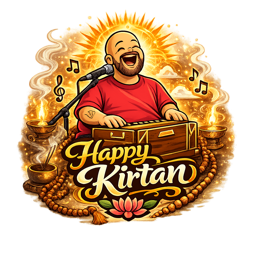 A joyful man with a beard and bald head, wearing a red shirt, happily performing on a harmonium with a microphone. He is surrounded by a bright, golden aura with musical notes, incense, and Hindu prayer beads, celebrating a festive occasion called 'Happy Kirtan'.