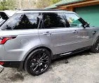 Silver SUV parked on a driveway in front of a green house.