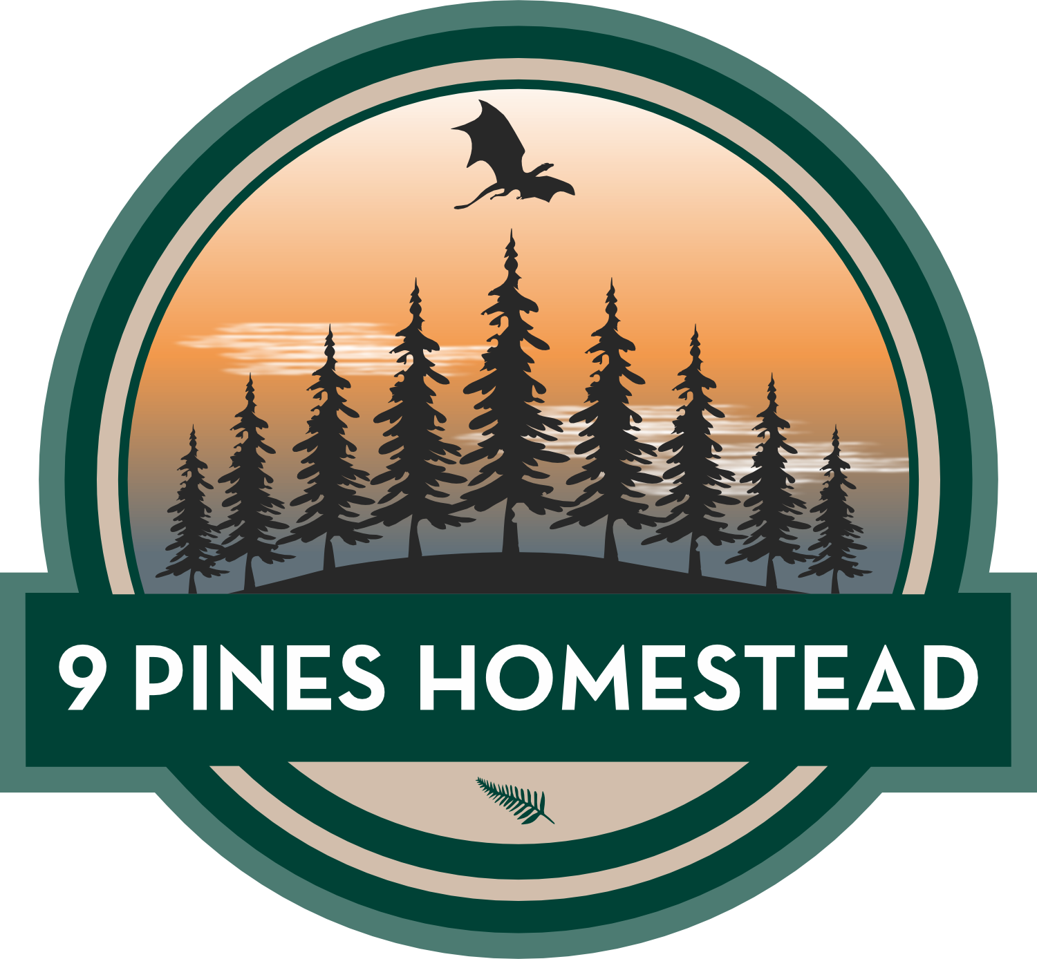 Logo featuring a silhouette of pine trees and a dragon flying above, with a sunset or sunrise background of an orange sky and clouds. The text reads '9 Pines Homestead' with a small pine branch below.
