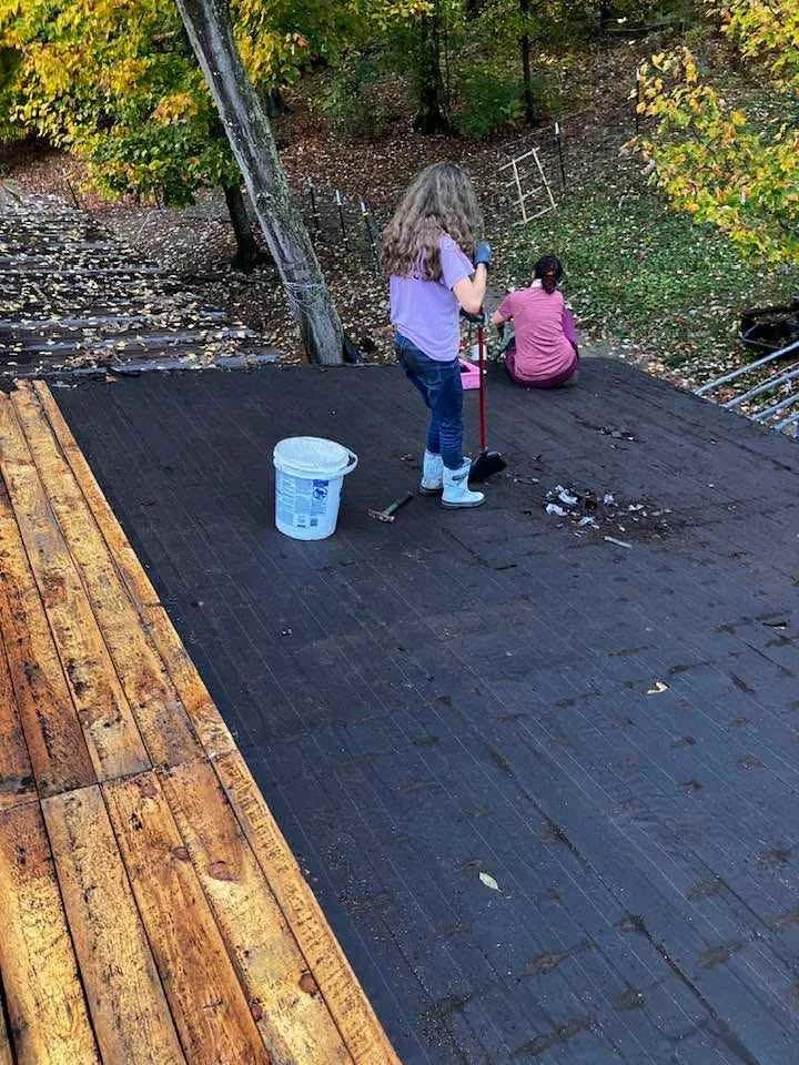 Two children working on a roof; one girl with curly hair holding a trash picker, the other girl with straight hair sitting on the roof. The roof has a section of fresh wood and a section of black roofing material. Leaves are scattered around and tree