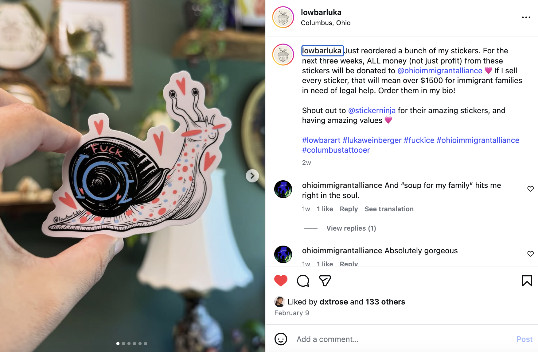 A Fuck ICE sticker in the shape of a snail