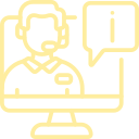An illustration of a person wearing glasses, sitting at a computer desk, with a speech bubble containing a question mark.