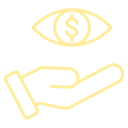 A hand holding an eye with a dollar sign inside it