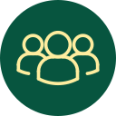 Icon of three stylized people in a circle on a green background.