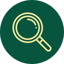 Magnifying glass icon on a dark green background.