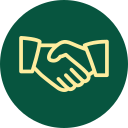Icon of two hands shaking inside a dark green circle.