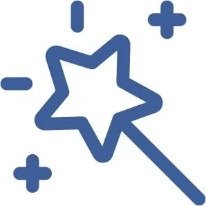 A stylized star with a wand and small plus signs around it, in blue.