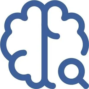 A stylized logo of a brain with a magnifying glass.