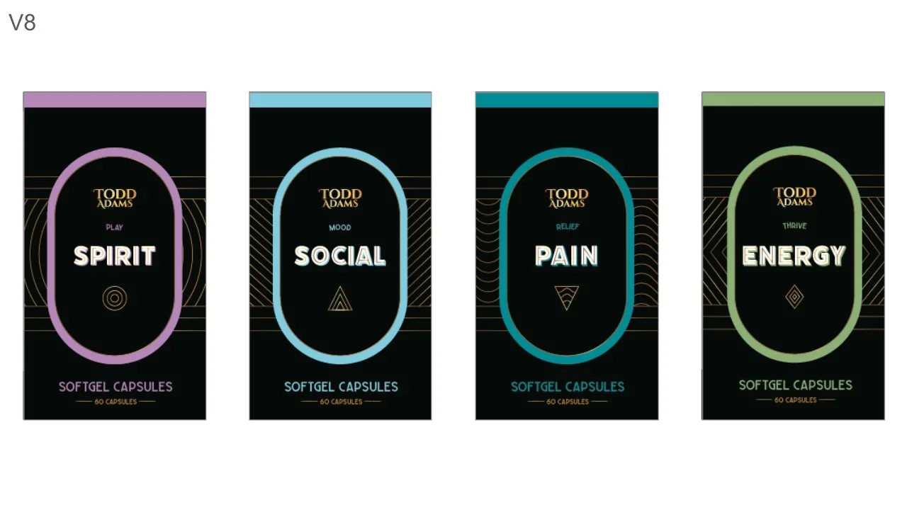 Four Todd Adams softgel capsule bottles labeled 'Spirit,' 'Social,' 'Pain,' and 'Energy,' with different brain health themes, on a white background.