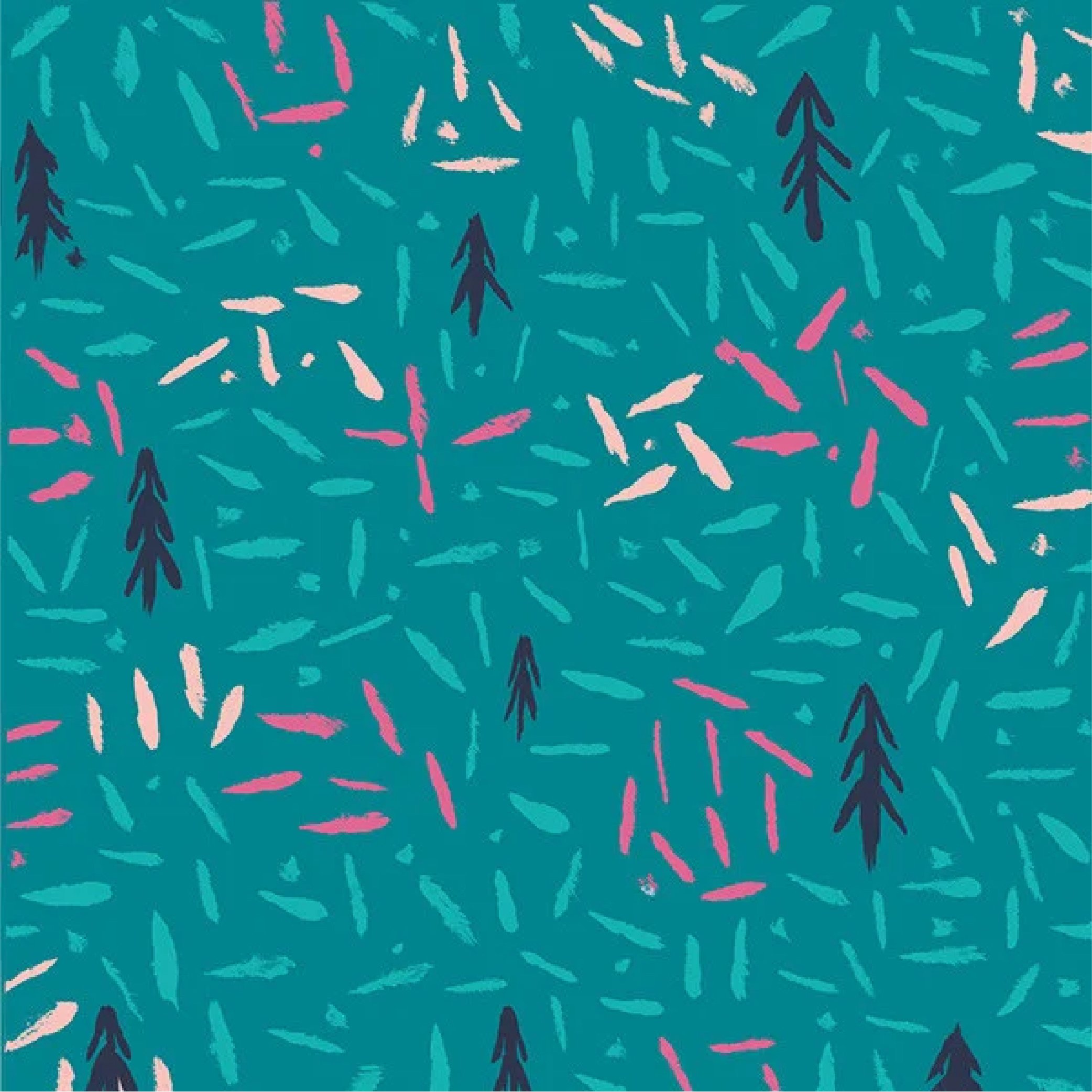 Abstract pattern with pine tree silhouettes and brushstroke shapes in teal, pink, white, and navy blue colors.