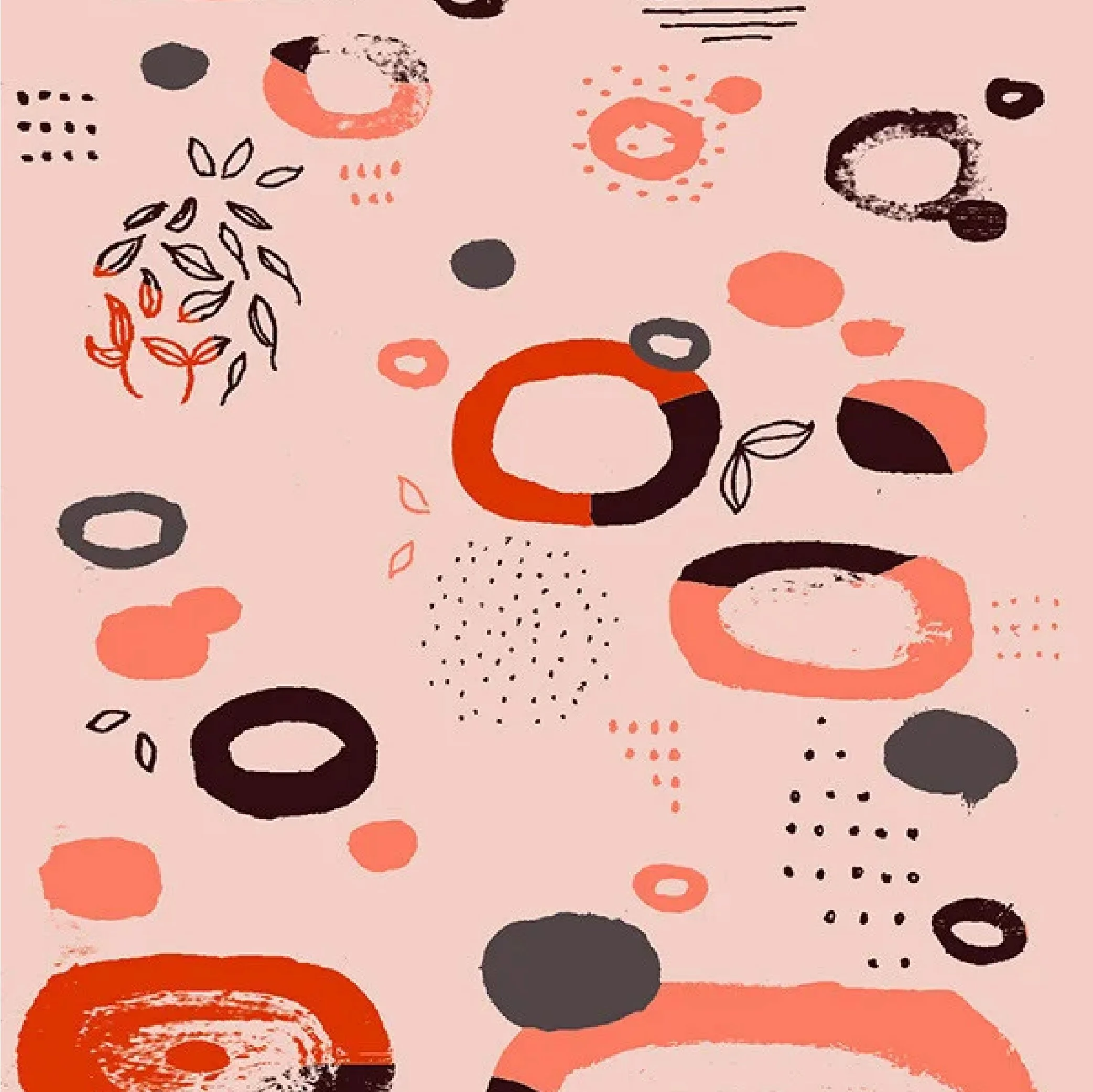 Abstract art featuring scattered circles, ovals, and small leaf-like shapes in shades of red, black, gray, and pink on a light pink background.