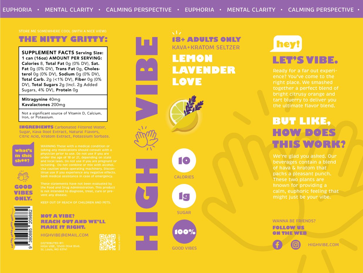 Bright yellow and purple beverage label for high-vibe Lemon Lavender Love with ingredients, nutrition facts, and social media info.