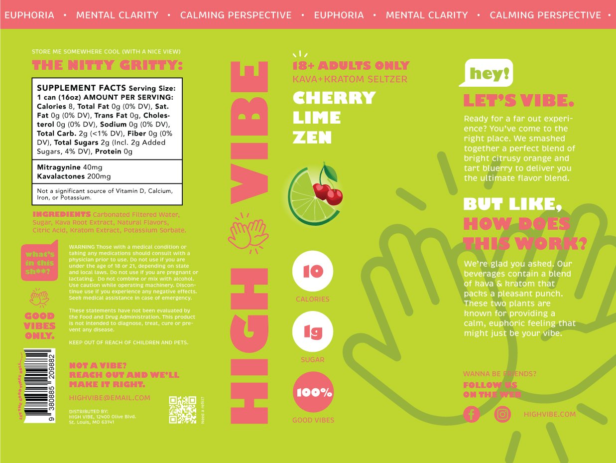 Vibe beverage label with pink, green, and white colors. Contains product info, ingredients, slogans, and icons for calories, sugar, and vibes.