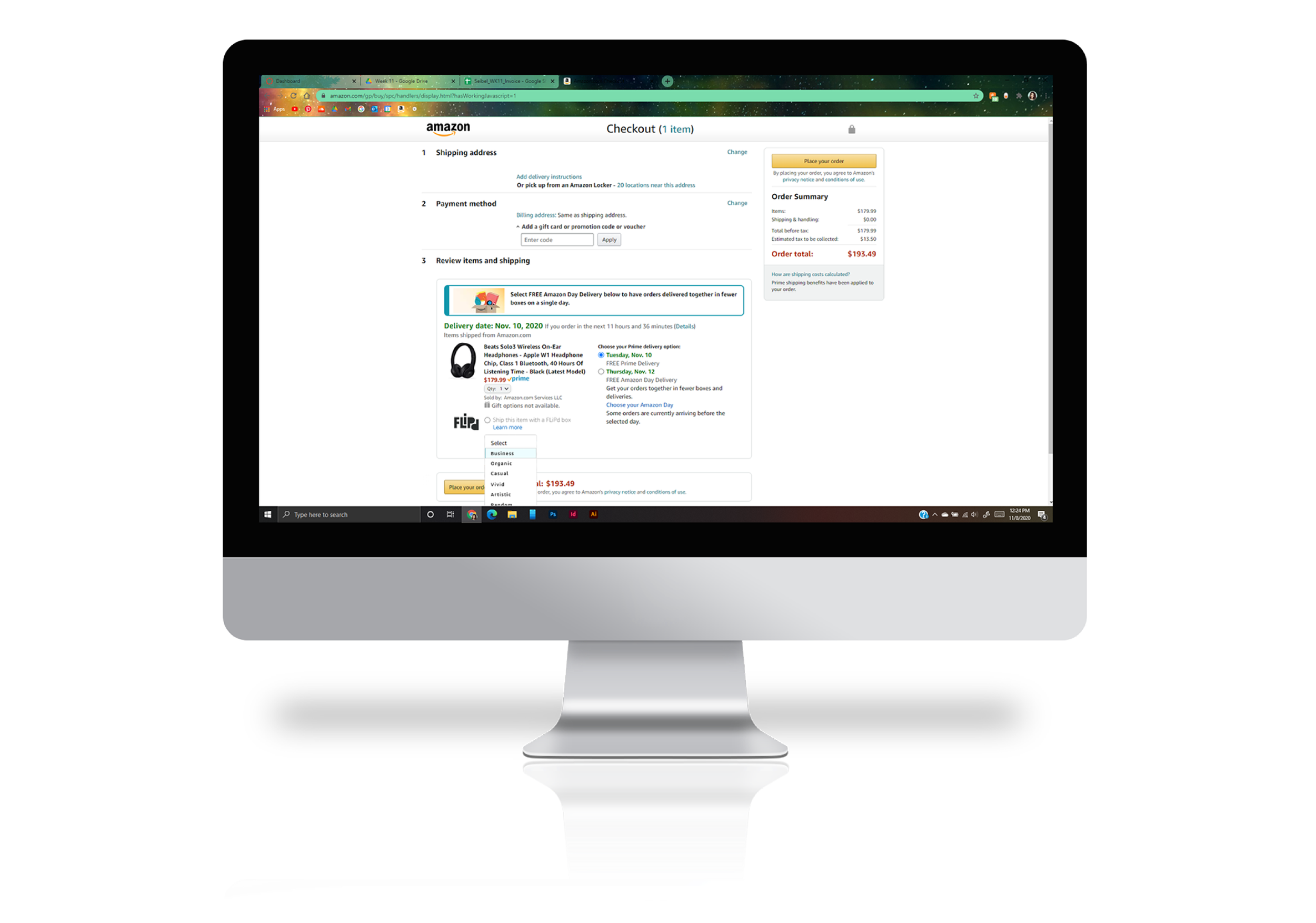Computer monitor displaying an Amazon checkout webpage.